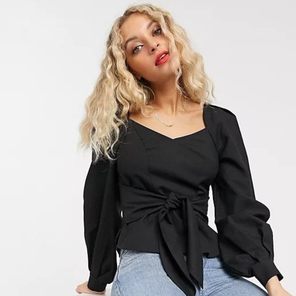 & Other Stories Puff Sleeve Tie-Waist Blouse in Black